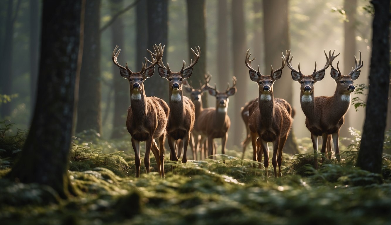 A herd of deer moves in unison through a dense forest, their heads held high as they navigate their way using their mysterious magnetic sense