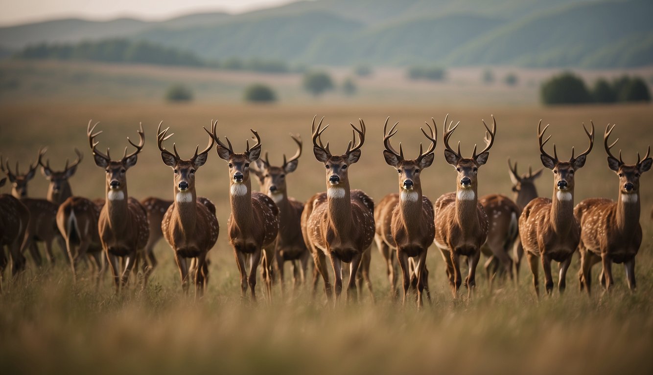 A herd of deer moving in unison across a vast landscape, following their magnetic sense in a graceful migration pattern