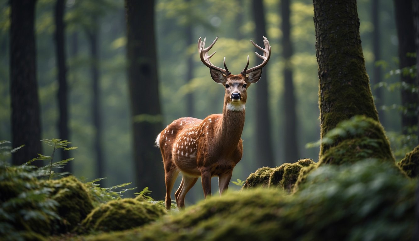 A deer stands in a forest, head tilted, sensing Earth's magnetic field.

Trees and foliage surround the animal, creating a natural and serene setting