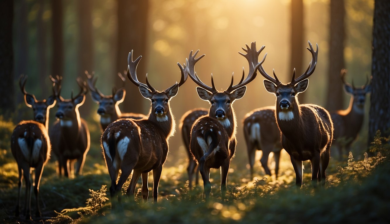 A group of migrating deer navigate through a dense forest using their magnetic sense.

They move gracefully, their antlers silhouetted against the setting sun