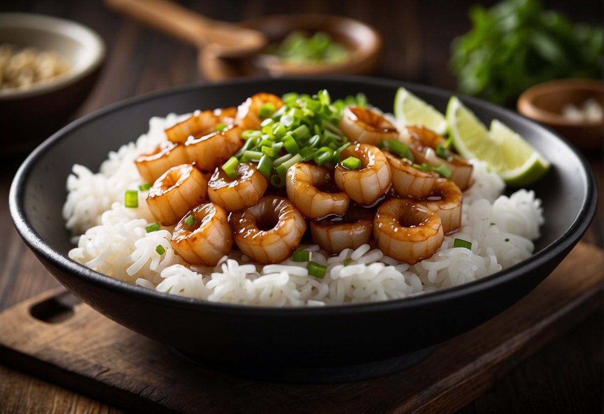 Baby squids marinated in soy sauce and ginger, stir-fried with garlic and green onions in a sizzling wok. Garnished with cilantro and served on a bed of steamed jasmine rice