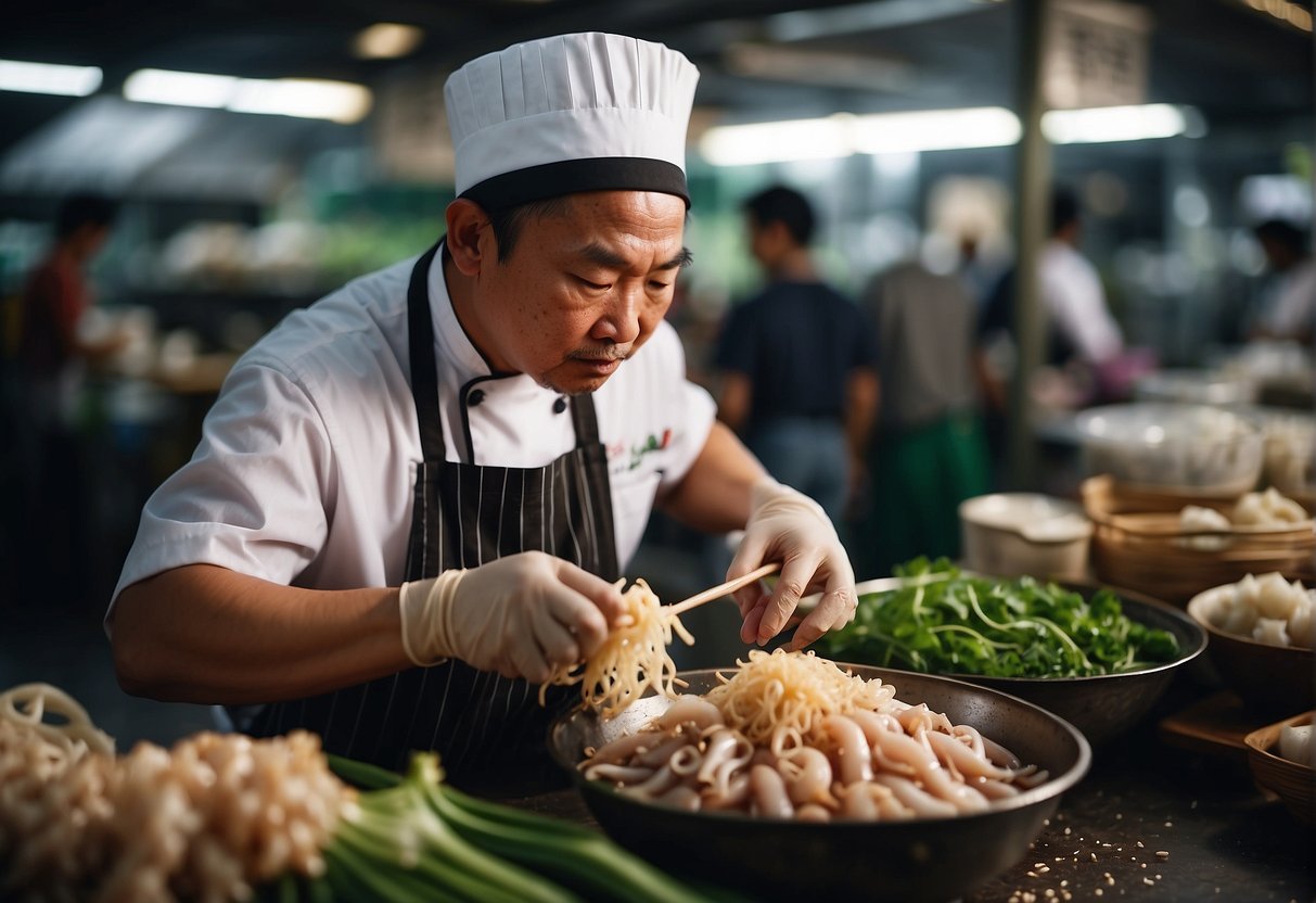 A chef selects fresh baby squid, ginger, garlic, and soy sauce from a bustling Chinese market