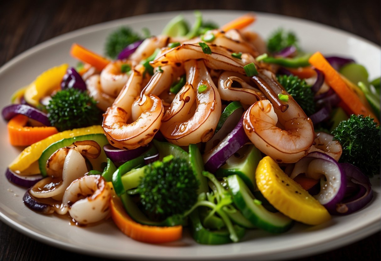 A plate of baby squid stir-fry with colorful vegetables and a savory soy sauce glaze, garnished with sesame seeds and fresh herbs
