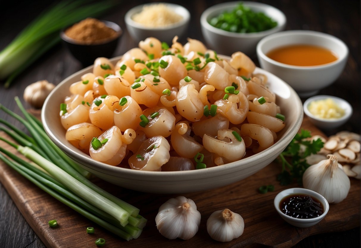A table with ingredients: baby squid, soy sauce, ginger, garlic, and green onions. A bowl with nutritional information: protein, fat, carbs, and calories