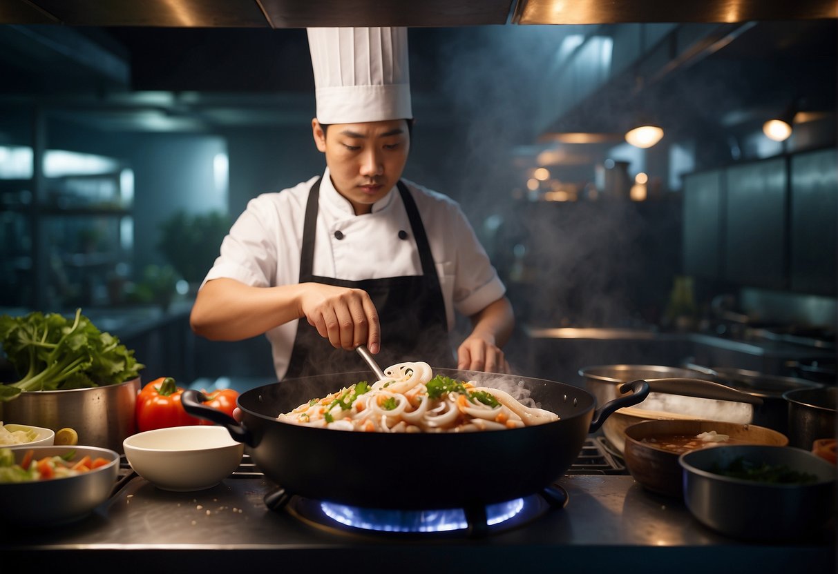 A chef stirring baby squid in a wok with Chinese ingredients, surrounded by a stack of frequently asked questions about the recipe