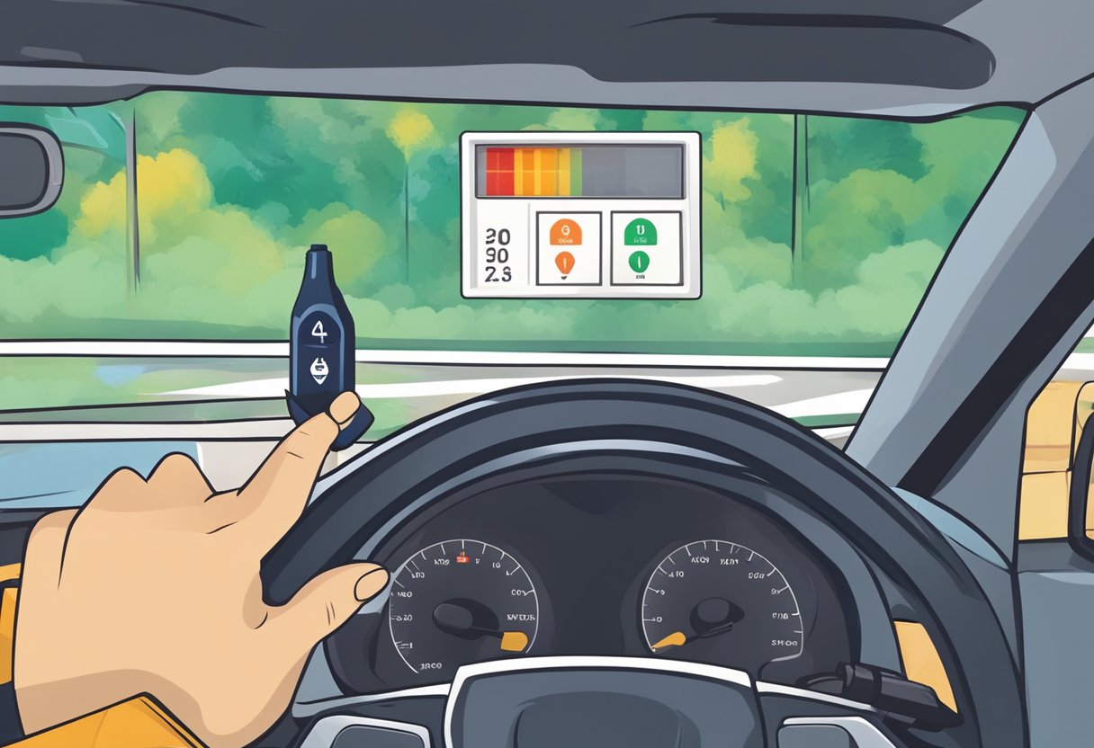 A driver holds up a breathalyzer test showing a 0.00 blood alcohol level, while pointing to a sign indicating the legal limit for alcohol consumption