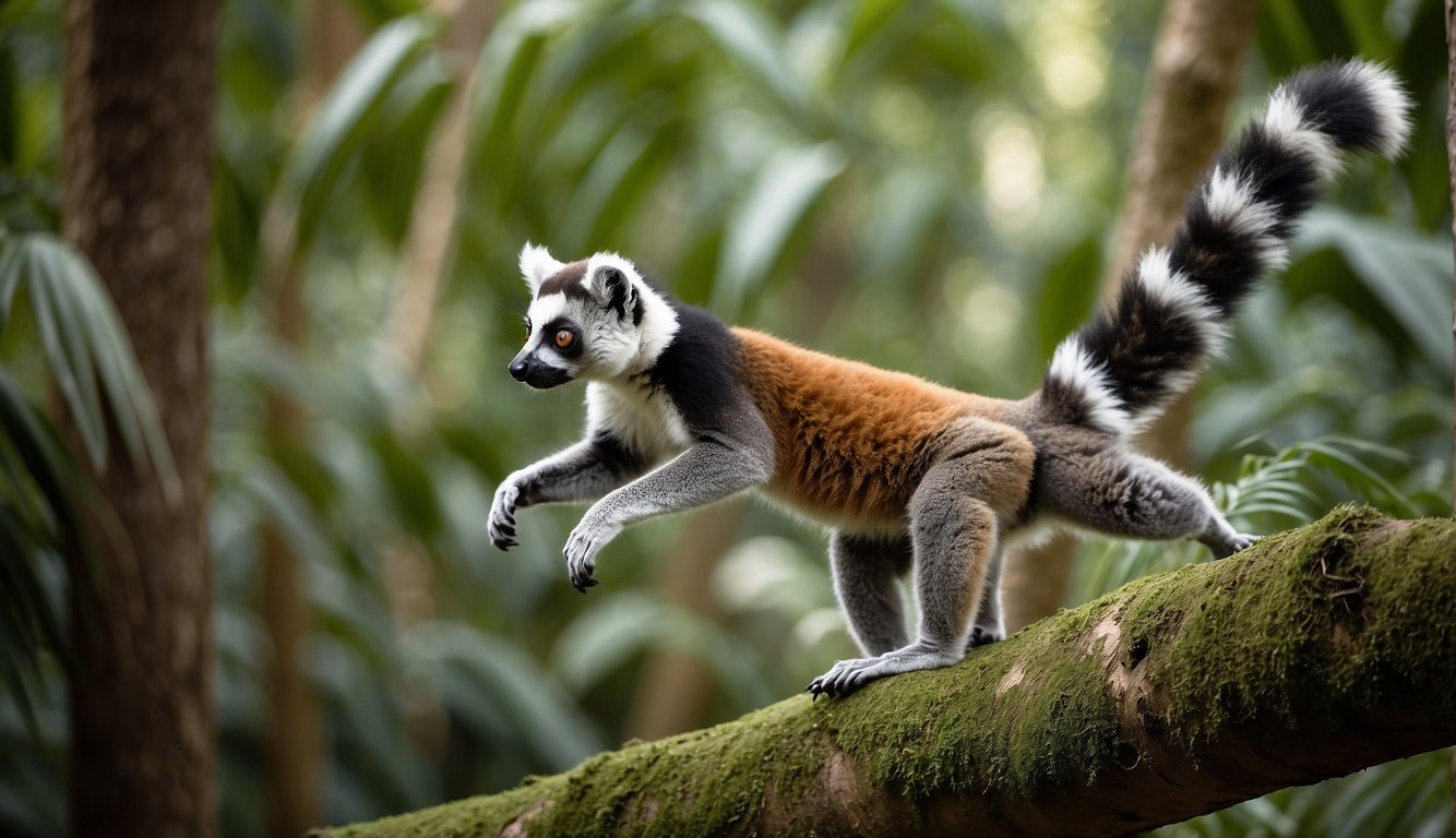 Lemurs leap through the lush Madagascan jungle, their agile bodies twisting and turning in mid-air, showcasing their acrobatic prowess