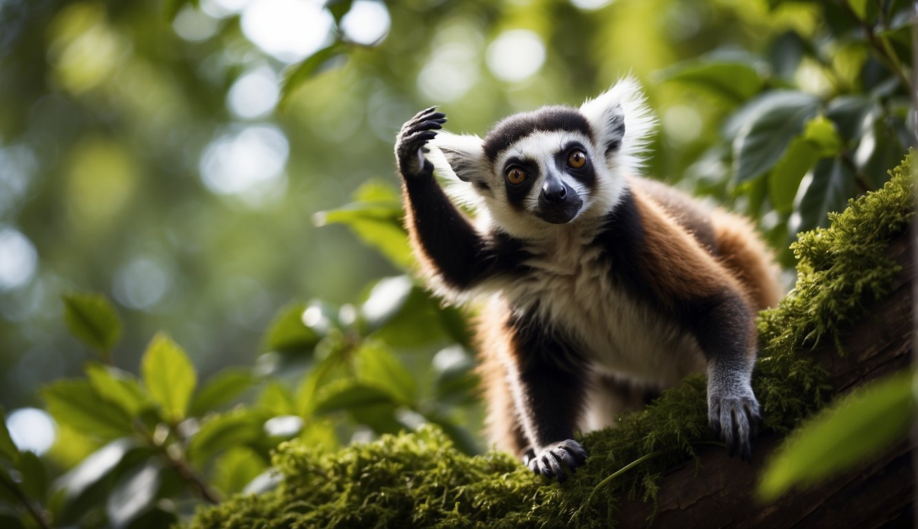 Lemurs leap gracefully through the lush, green canopy, reaching for ripe fruits and tender leaves.

Their agile bodies twist and turn, showcasing their acrobatic abilities in their natural habitat