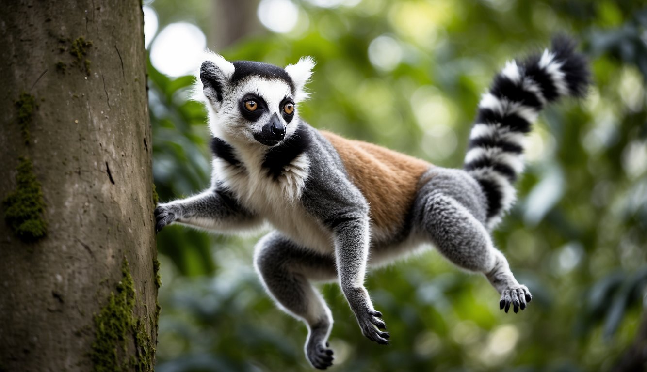 Lemurs leap and twist through the lush forest, their agile bodies soaring through the air with grace and precision.

The acrobatic mammals display their social behavior, communicating through intricate movements and calls, creating a captivating spectacle for onlookers