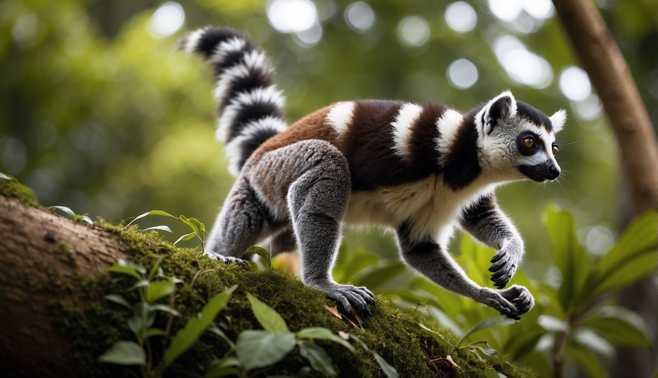 Lemurs gracefully leaping from tree to tree in a lush, tropical forest, with vibrant flora and fauna in the background