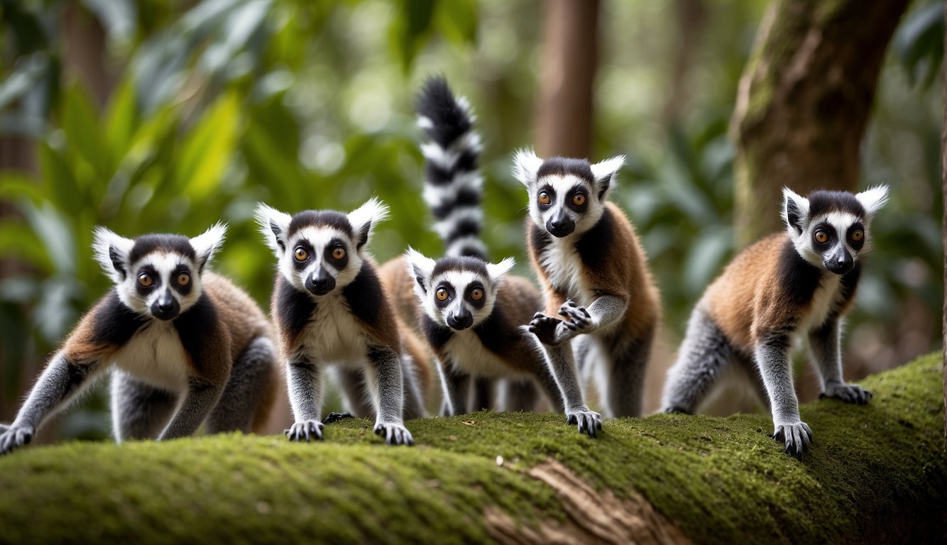 A group of lemurs leaping gracefully through the lush, tropical forest of Madagascar, showcasing their acrobatic skills with agility and grace