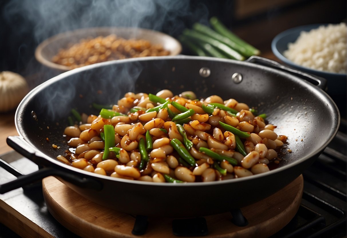 A wok sizzles with stir-fried garlic, ginger, and soy sauce. A heap of tender, simmered beans is added, then tossed in a savory, aromatic sauce
