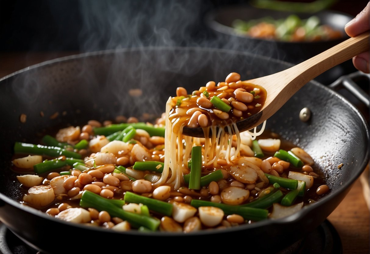 A wok sizzles with garlic, ginger, and green onions. A splash of soy sauce and a dollop of hoisin mix with the bubbling beans