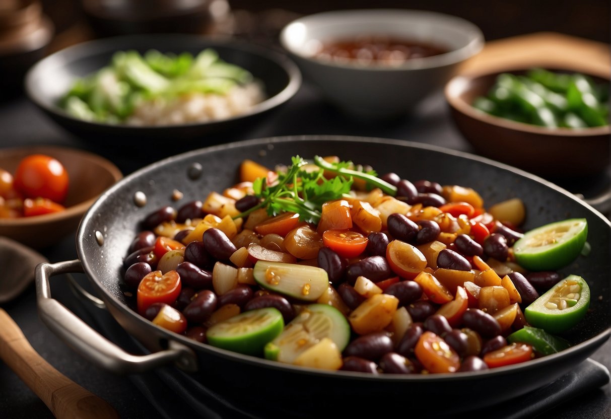 A wok sizzles with garlic, ginger, and scallions. A mixture of soy sauce, sugar, and tomato paste simmers. Cans of kidney beans and black beans are drained and rinsed