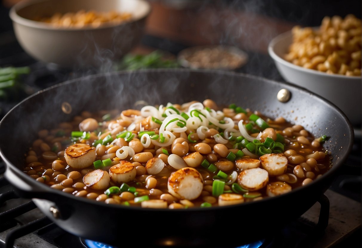 A wok sizzles with garlic, ginger, and green onions. A sweet and savory sauce is poured over simmering beans. Aromatic steam rises