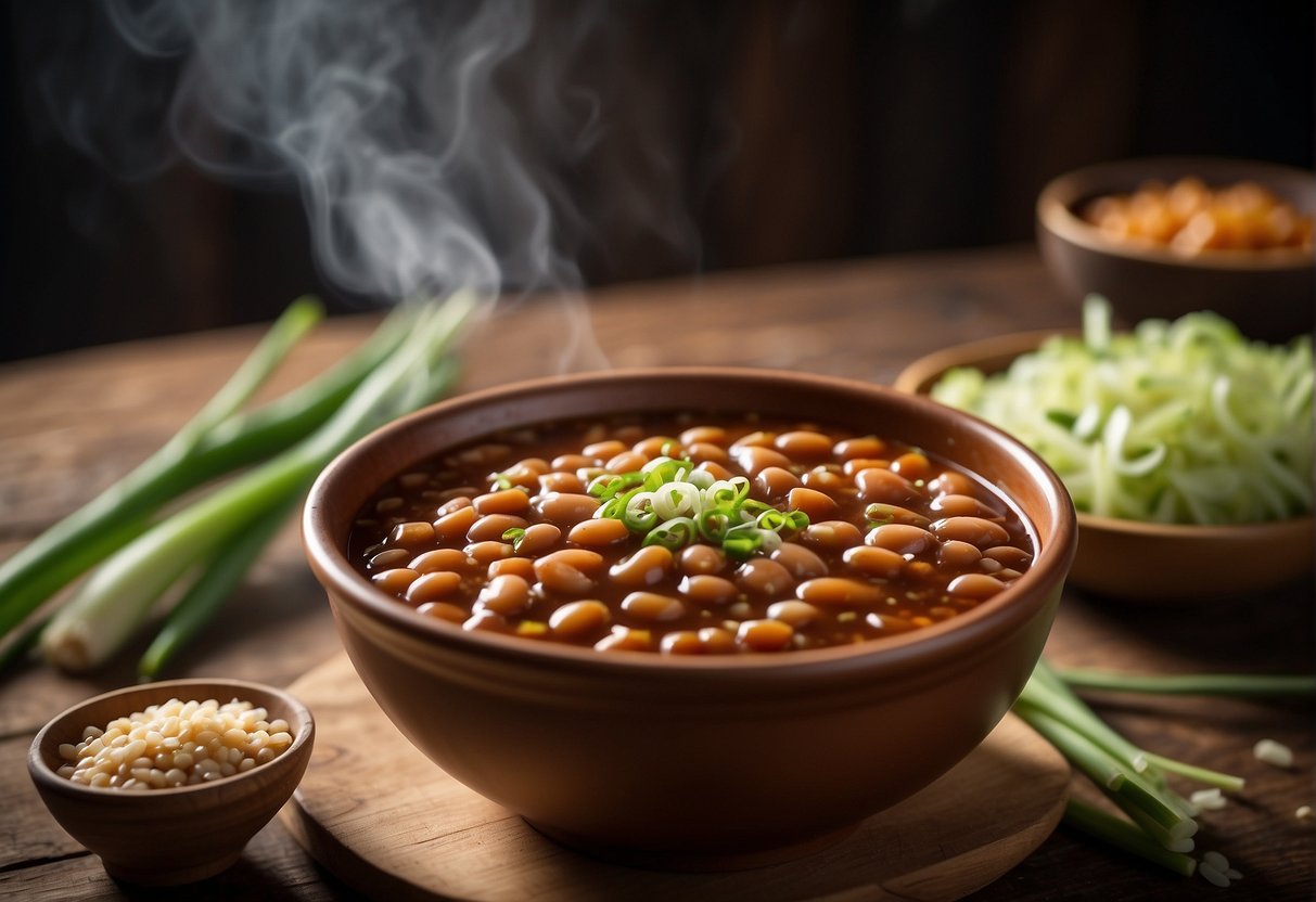 A steaming bowl of Chinese-style baked beans sits on a rustic wooden table, garnished with green onions and sesame seeds. A pair of chopsticks rests beside the bowl