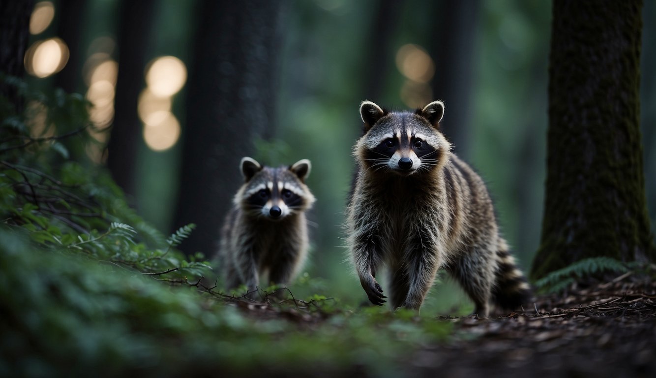 Raccoons sneak through moonlit woods, their silhouettes blending with shadows as they scavenge and play