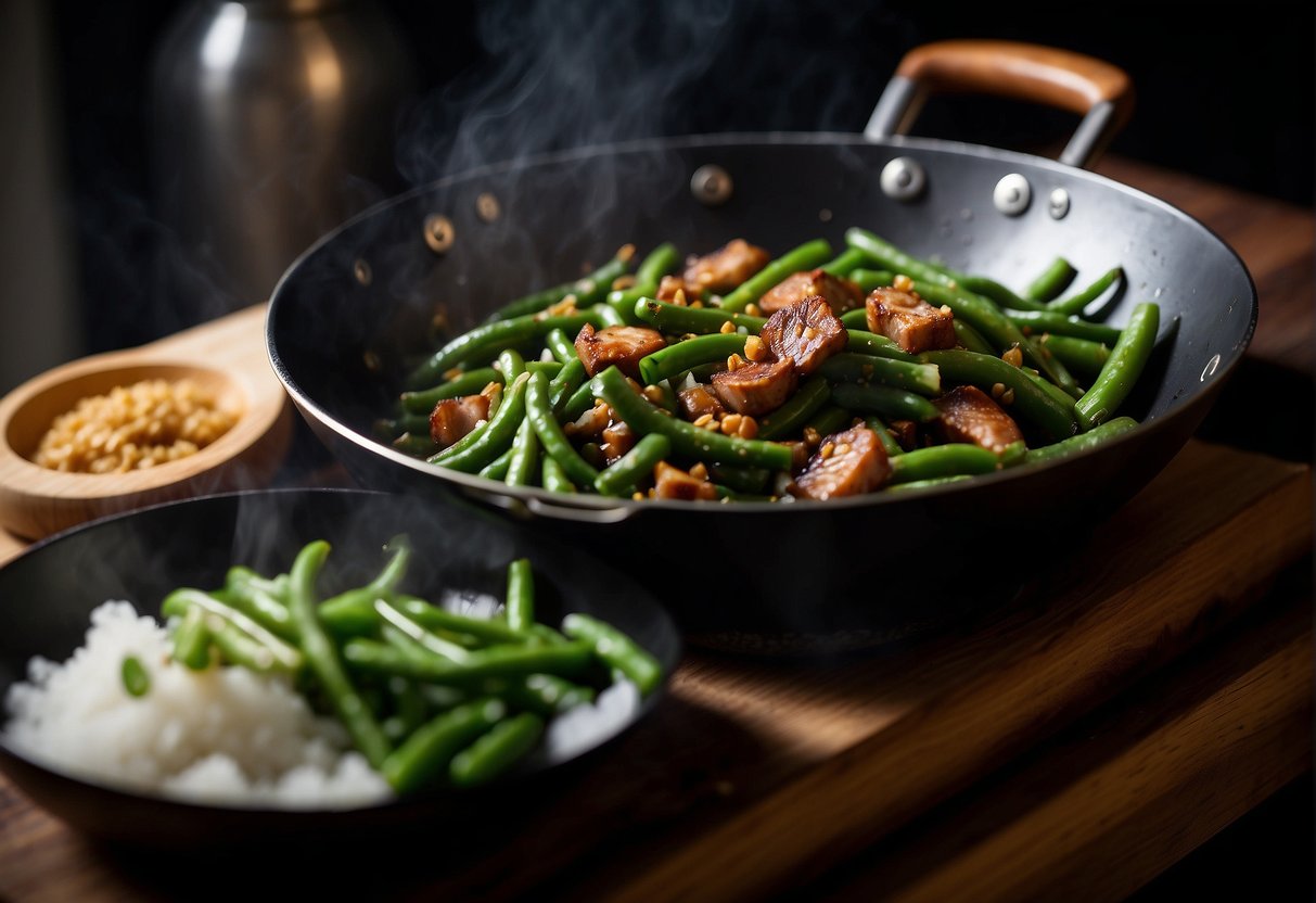 A wok sizzles with stir-fried green beans, garlic, and ginger, while a pot of simmering soy sauce, sugar, and spices awaits the addition of tender, caramelized pork belly