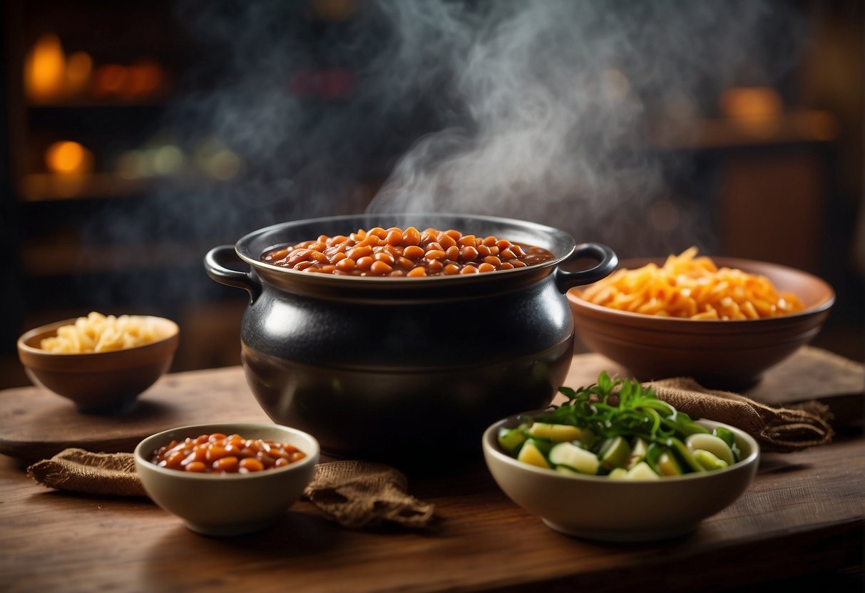 A steaming pot of Chinese-style baked beans with a savory aroma, surrounded by colorful ingredients and a recipe book open to the "Frequently Asked Questions" section