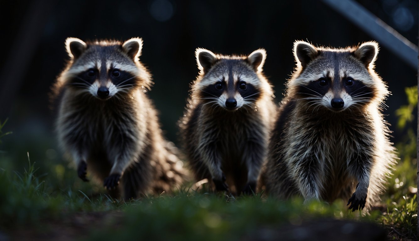 Raccoons stealthily navigate through moonlit backyard, scavenging for food and playfully interacting with each other in the cover of darkness
