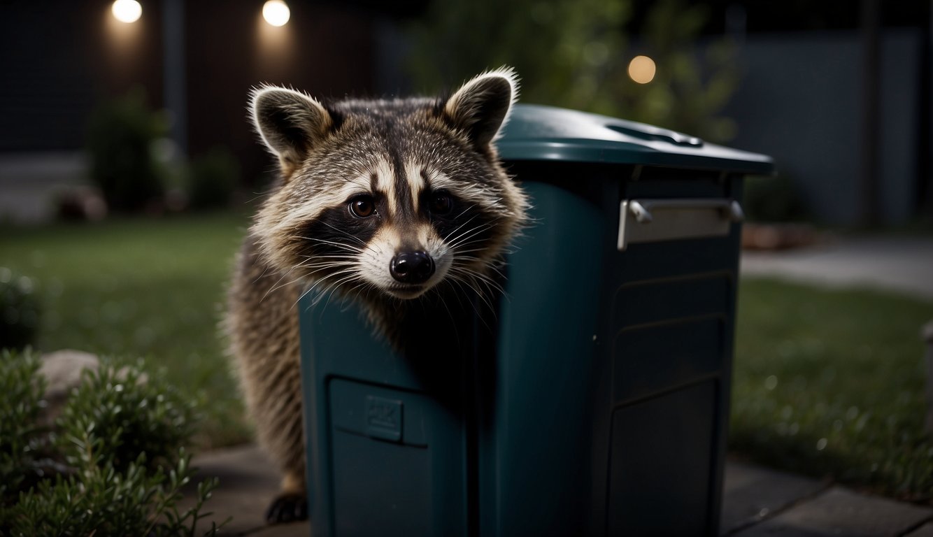 A raccoon prowls through a moonlit backyard, its eyes glinting in the darkness as it sneaks past a garbage can, searching for food