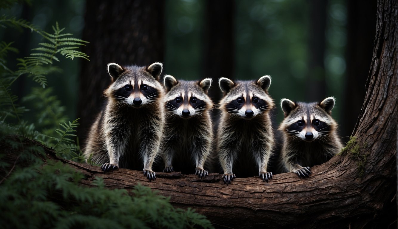 A family of raccoons stealthily forages through a moonlit forest, navigating fallen logs and dense underbrush with ease.

Their masked faces peer out from the shadows as they search for food, showcasing their mastery of nighttime survival