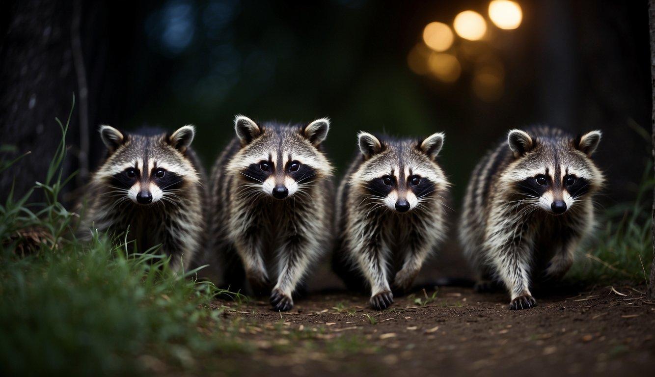A group of raccoons stealthily navigate through the dark night, their eyes glinting with mischief as they search for their next adventure