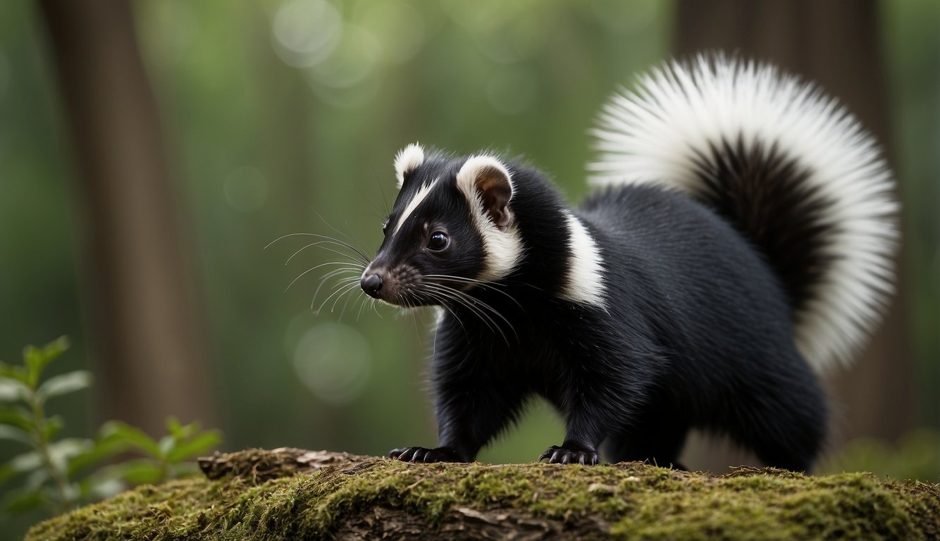A skunk raises its tail, releasing a cloud of pungent odor as a predator approaches.

The predator recoils, illustrating the skunk's potent defense mechanism