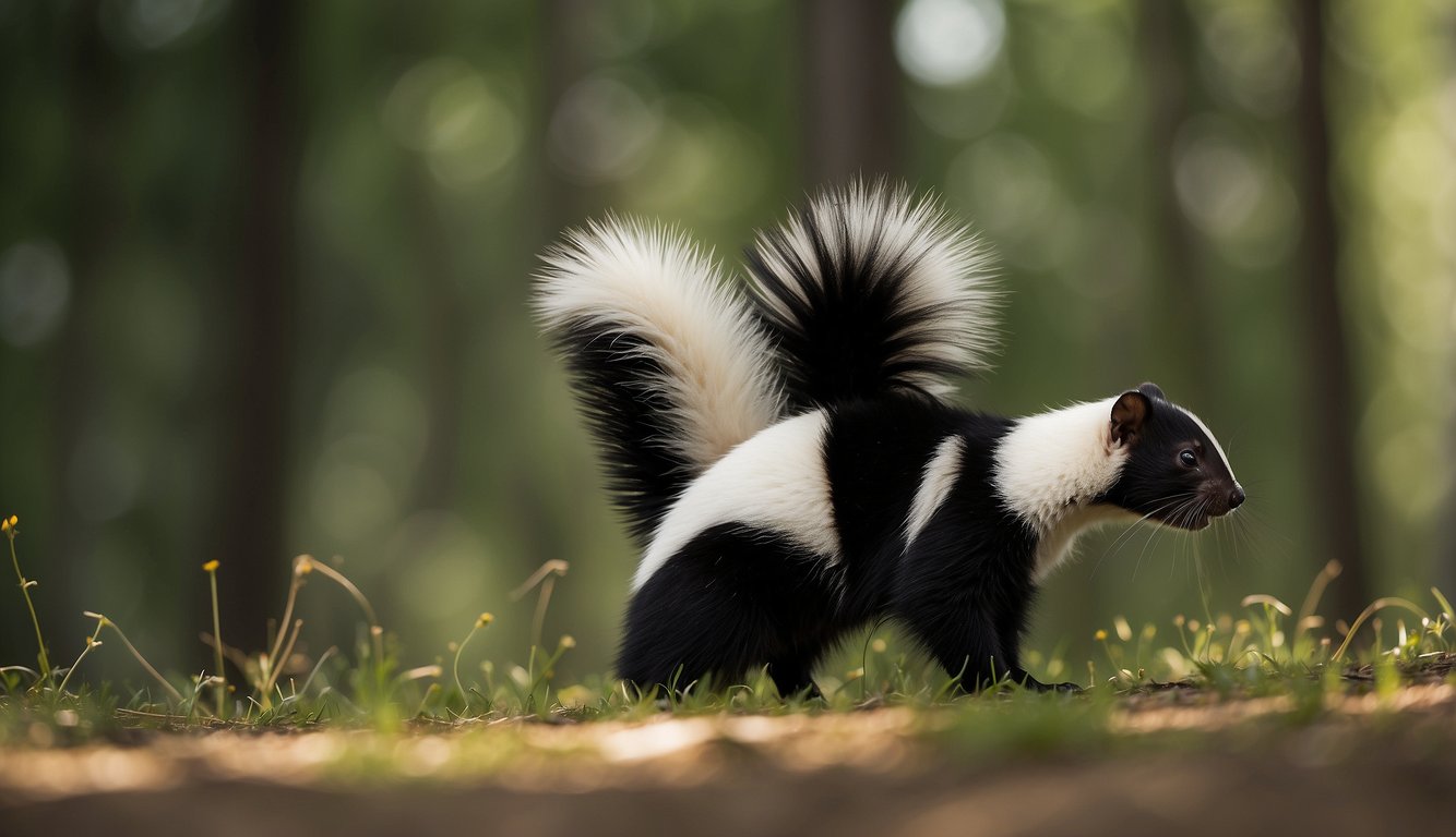 A skunk raises its tail, emitting a pungent spray as a predator approaches, demonstrating its smelly defense mechanism.

Wildlife observe from a safe distance