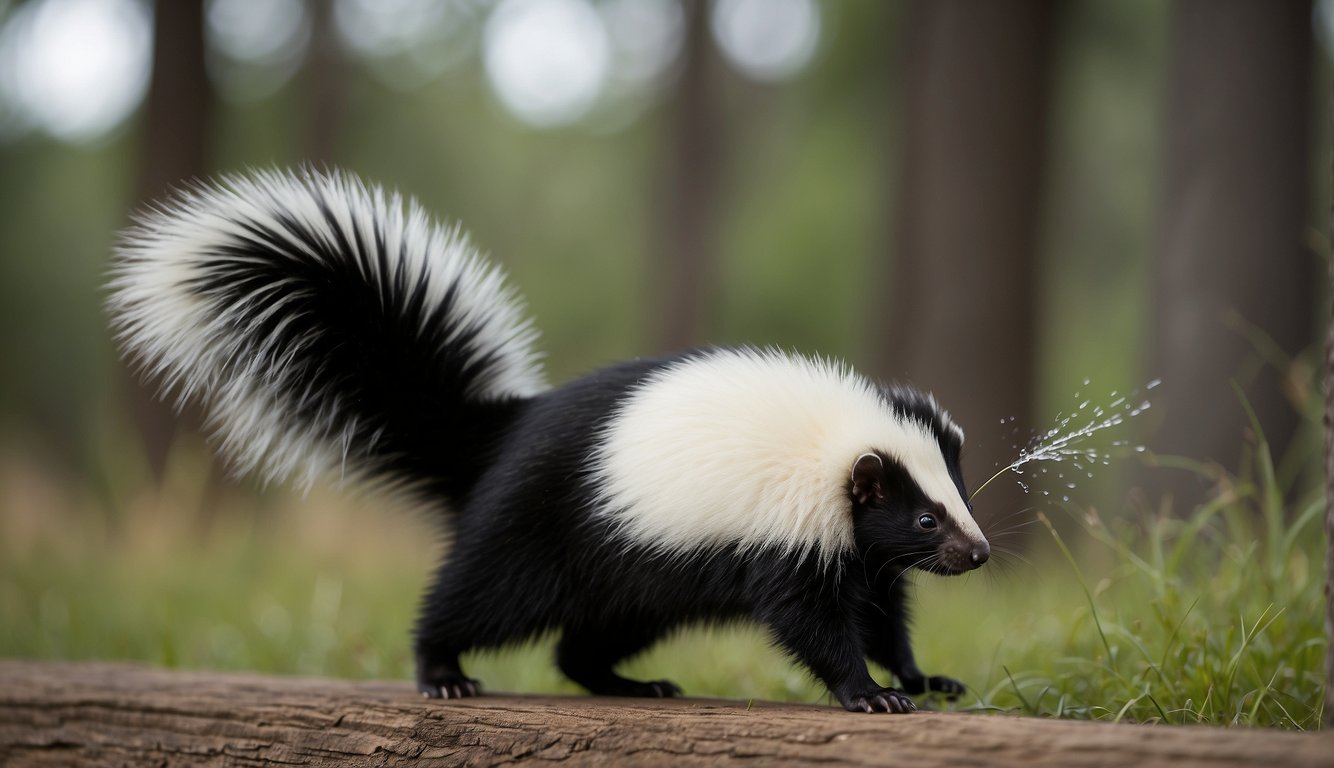 A skunk raises its tail and emits a pungent spray as it defends itself against a perceived threat