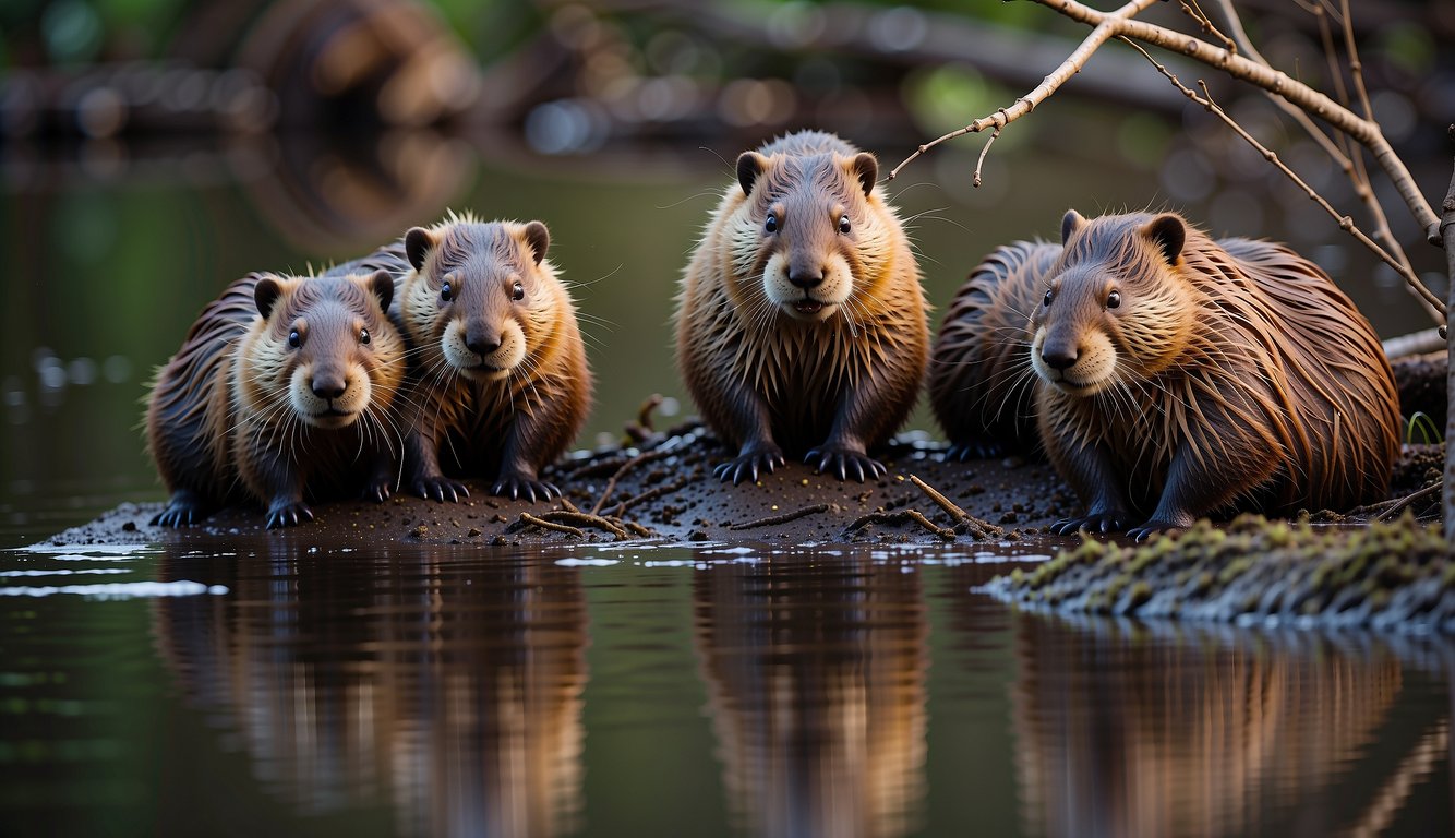 A group of beavers construct a complex dam using branches and mud, showcasing their architectural prowess in the natural world
