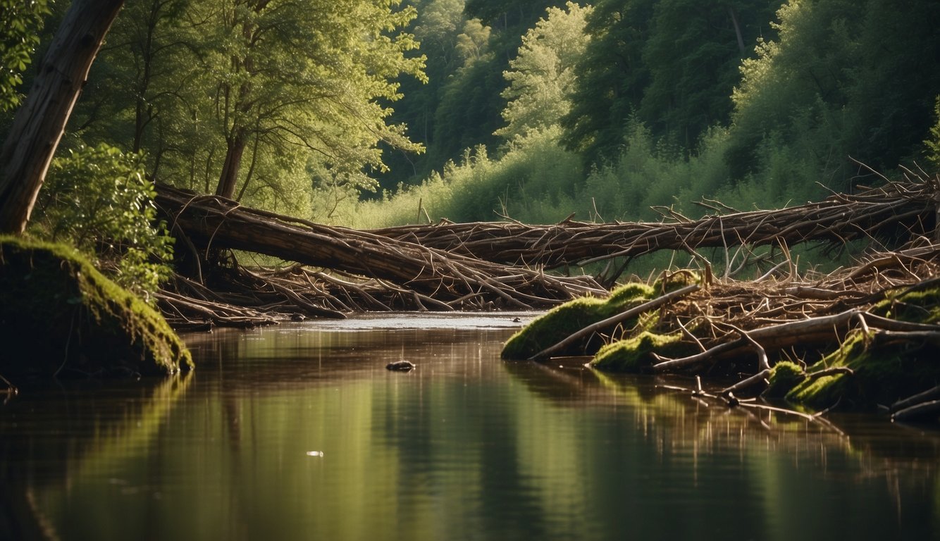A beaver dam stretches across a serene river, surrounded by lush green trees and diverse wildlife.

The beavers work diligently, carrying branches and mud to build their impressive structure, showcasing their role as nature's engineers
