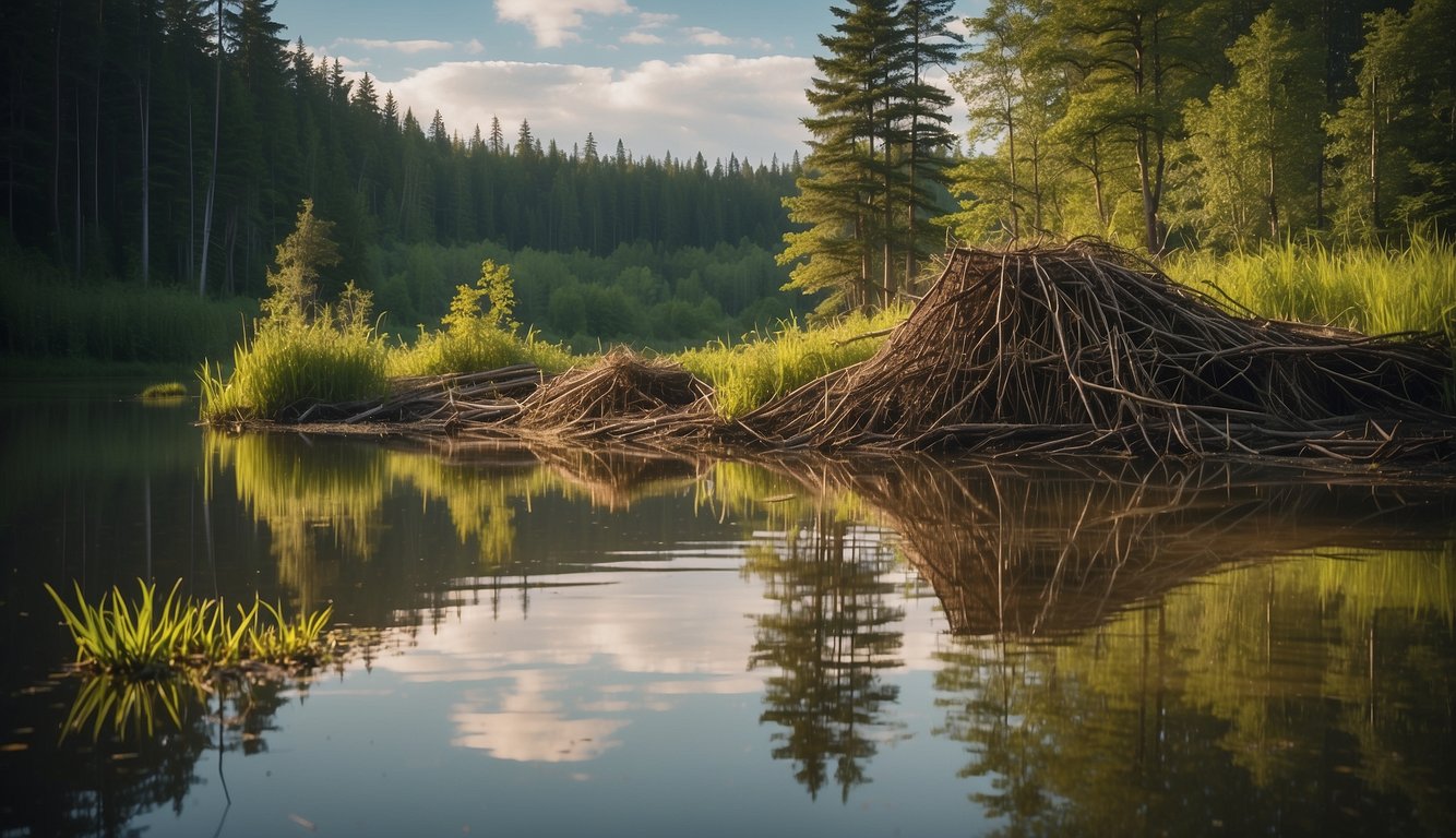 A beaver dam towers over a serene pond, surrounded by lush greenery and wildlife.

The beavers work diligently, carrying branches and mud to construct their impressive engineering feat