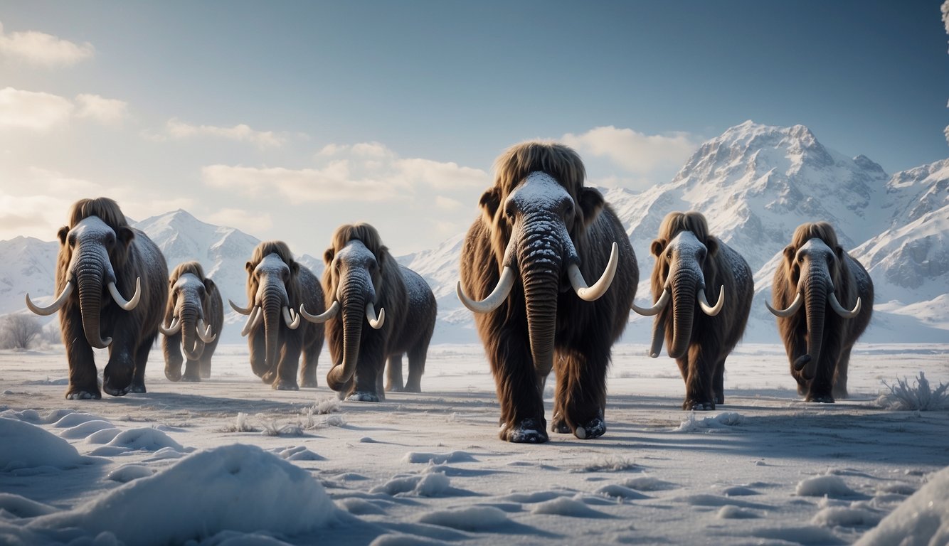 A group of woolly mammoths roam across a snowy landscape, their long tusks and shaggy fur standing out against the frozen terrain