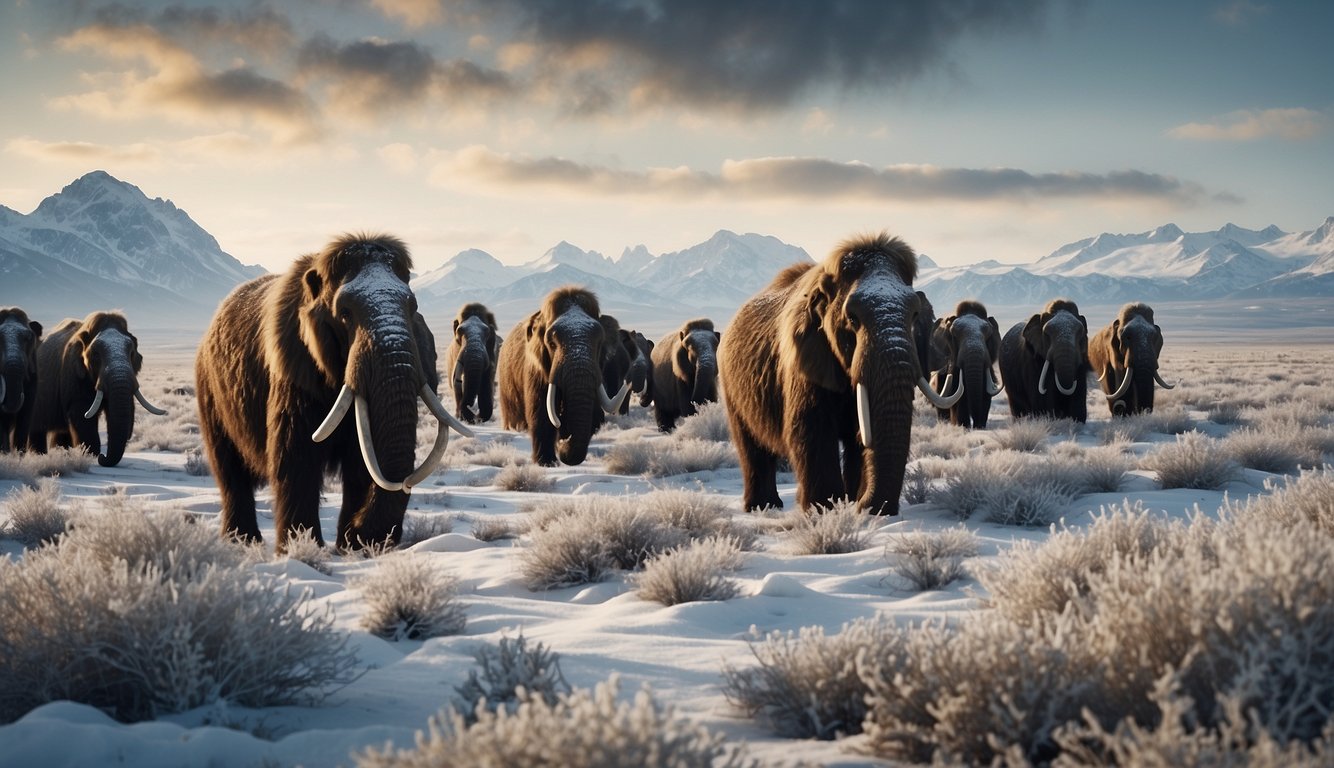 A herd of woolly mammoths roam the icy tundra, grazing on grass and shrubs while their thick fur protects them from the harsh elements