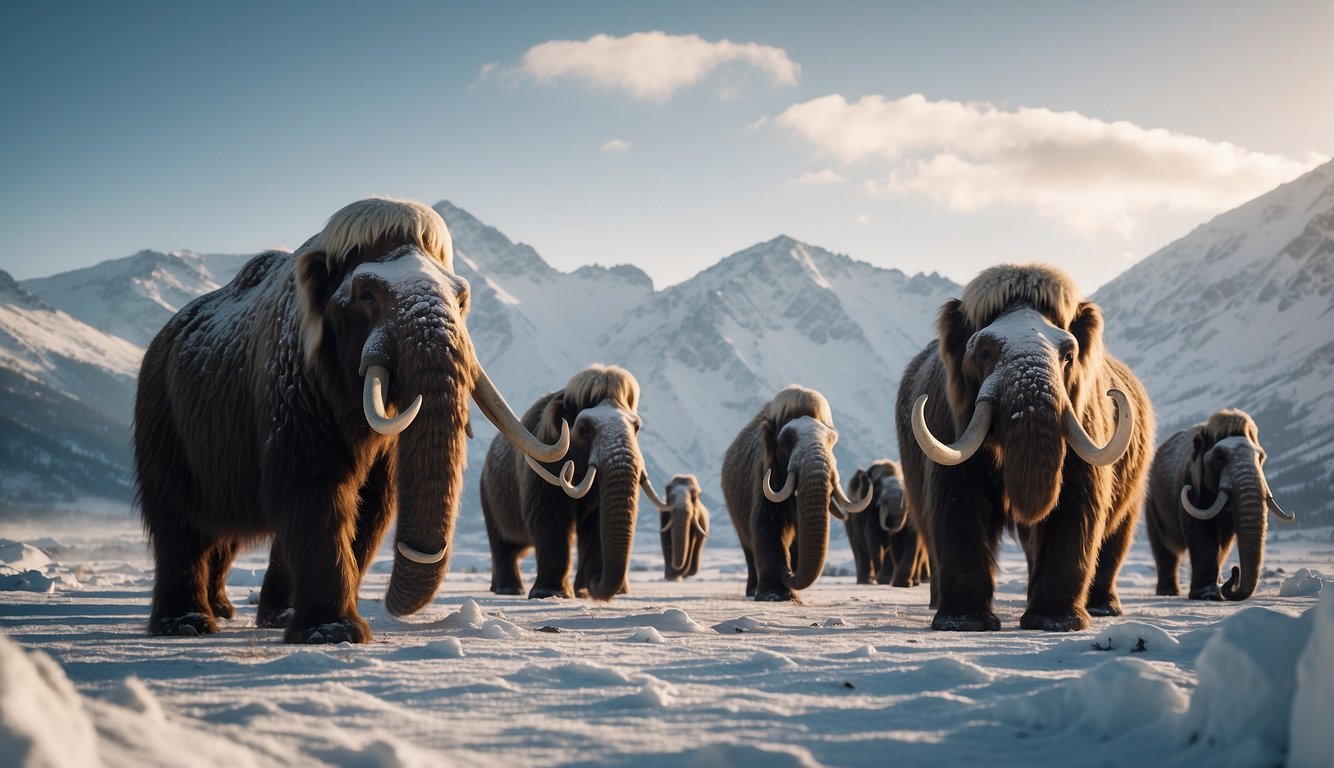 A herd of woolly mammoths roam a snowy, prehistoric landscape, their massive tusks and shaggy fur standing out against the icy backdrop