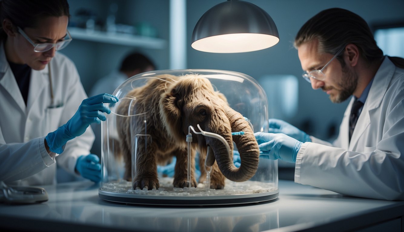 A team of scientists carefully extract DNA from a preserved woolly mammoth specimen, surrounded by high-tech equipment and research materials