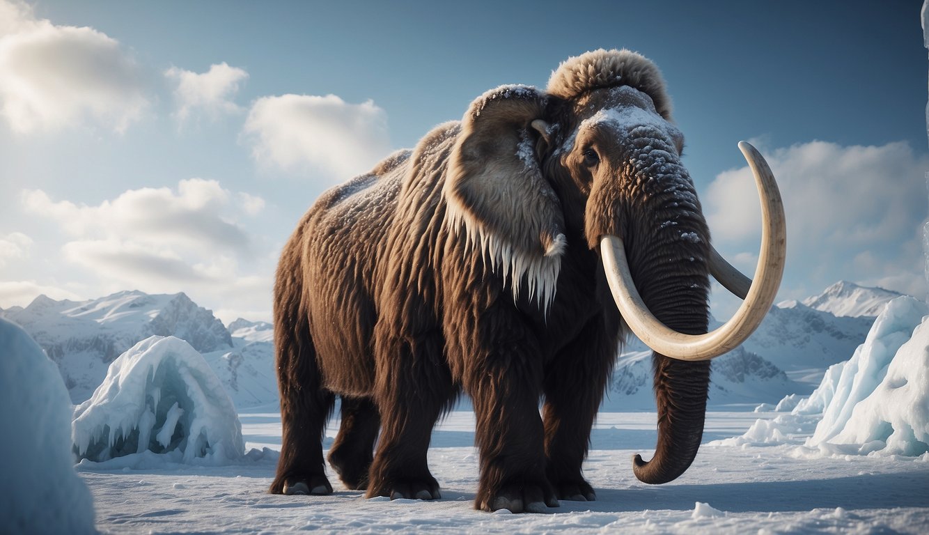 A woolly mammoth stands in a snowy landscape, surrounded by towering ice formations.

Its long, shaggy fur and massive tusks are prominent features