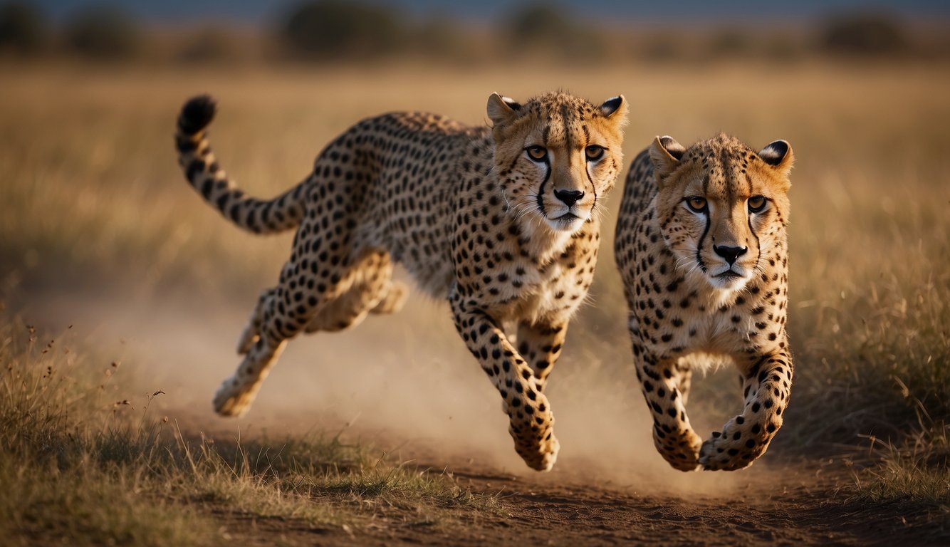 Cheetahs sprint across the savanna, their sleek bodies stretched out in full stride, muscles rippling with power as they chase down their prey with astonishing speed