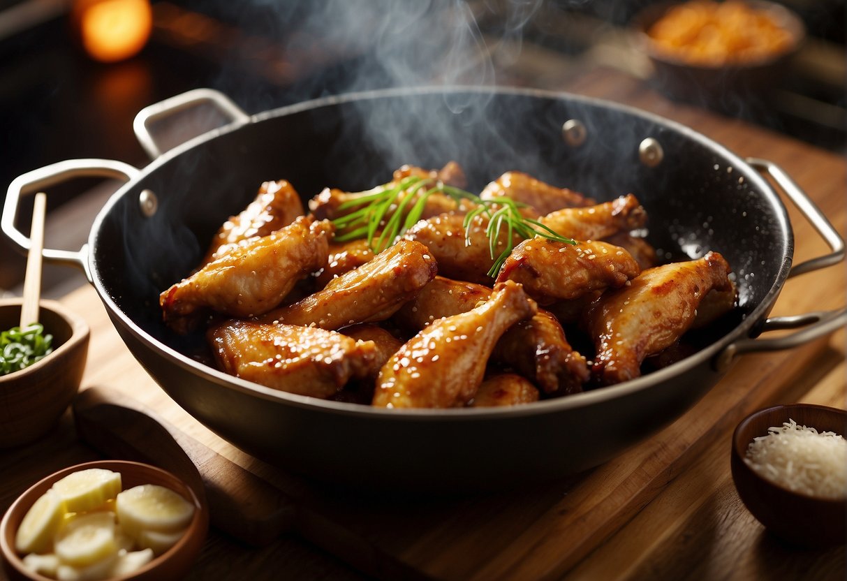 Golden brown chicken wings sizzling in a wok with garlic, ginger, soy sauce, and honey. Steam rising, fragrant aroma fills the kitchen