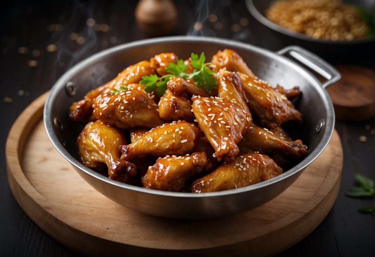 Golden-brown chicken wings sizzle in a wok with soy sauce, garlic, and ginger. A sprinkle of sesame seeds adds the finishing touch