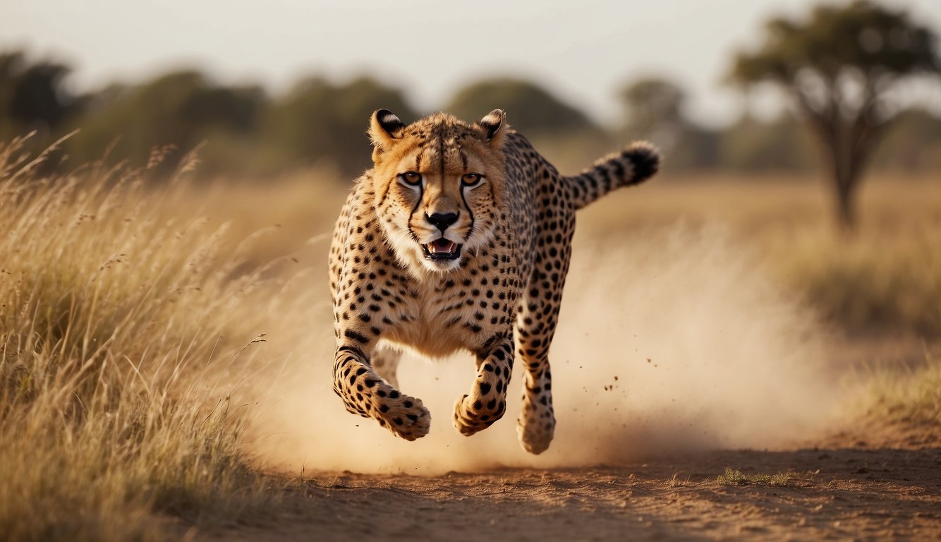 A cheetah sprints across the savanna, muscles rippling as it reaches top speed.

Its sleek body cuts through the air, leaving a trail of dust in its wake
