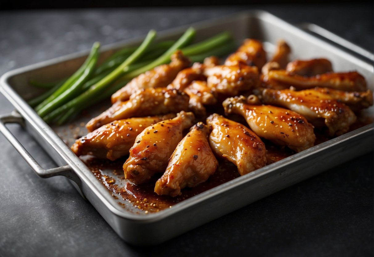 Chicken wings marinated in Chinese spices, arranged on a baking tray, ready to be placed in the oven