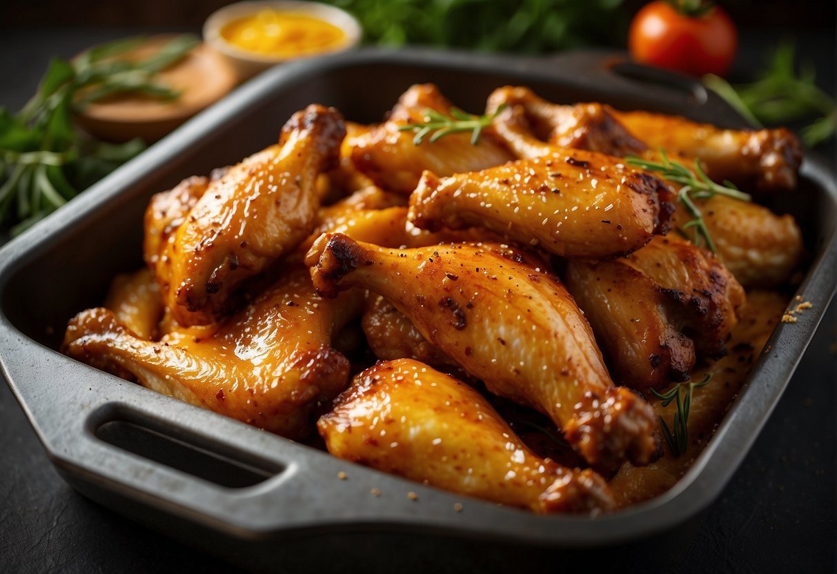 Golden-brown chicken wings sizzling in a hot oven, surrounded by aromatic herbs and spices. A tantalizing aroma fills the kitchen as they slowly bake to perfection