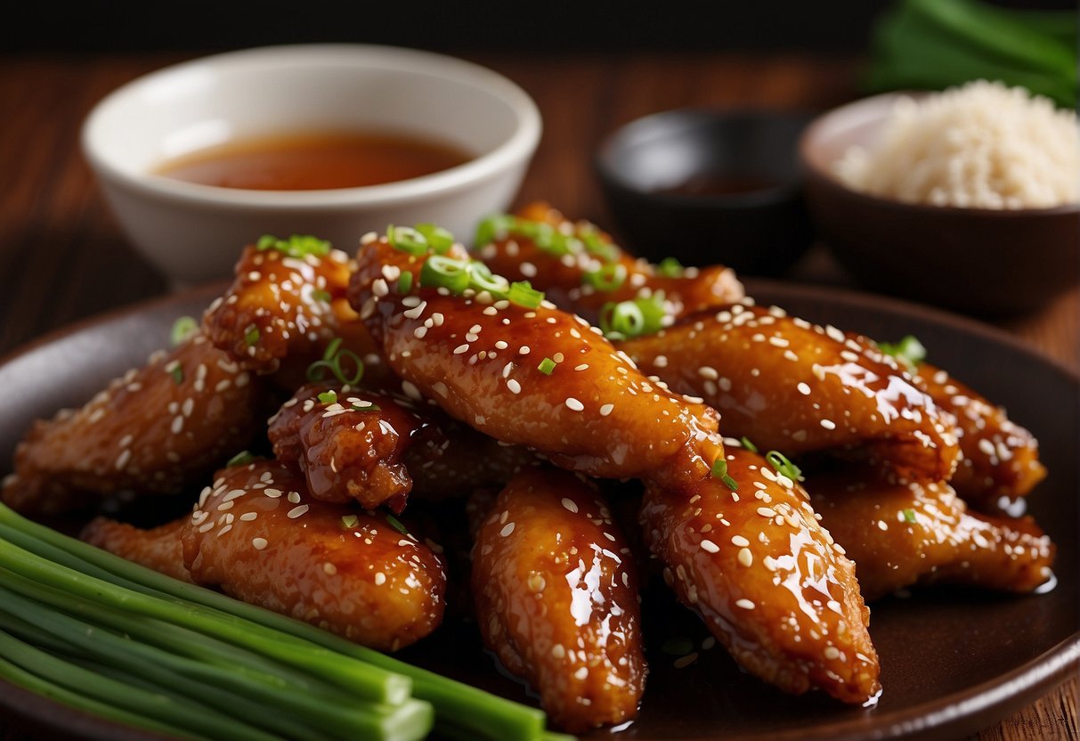 Golden brown chicken wings coated in a sticky, sweet and savory Chinese sauce, garnished with sesame seeds and green onions