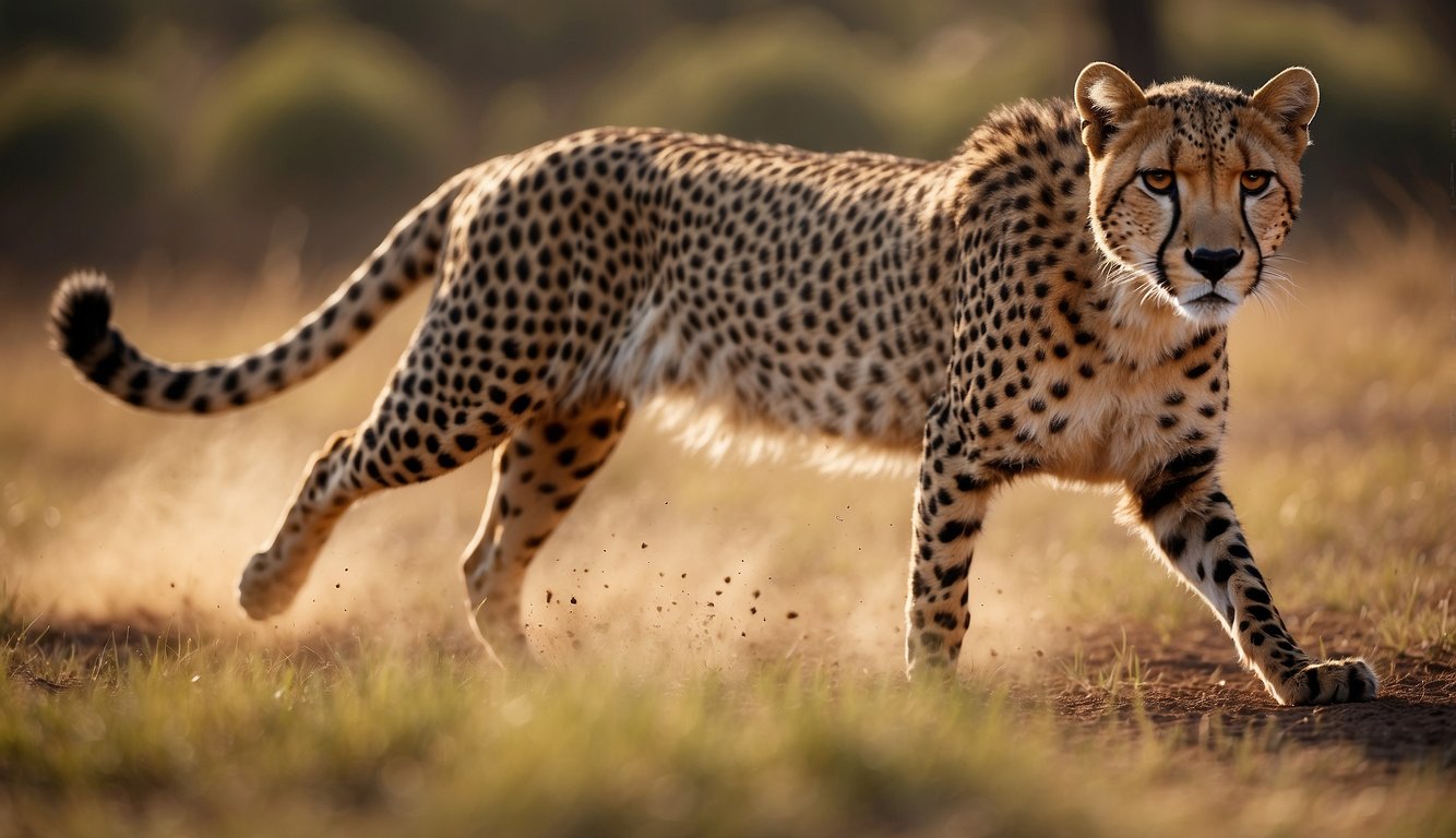 A cheetah sprints across the savanna, muscles rippling with power.

Its streamlined body cuts through the air, leaving a trail of dust in its wake