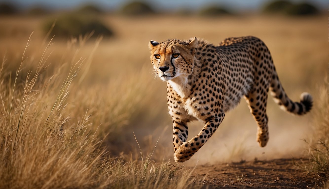 A cheetah sprints across the savannah, its sleek body stretched out in full stride, muscles rippling beneath its golden fur as it races towards its prey