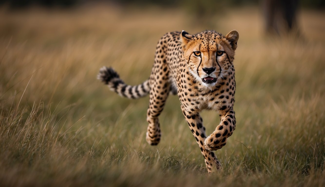 A cheetah sprints across the grassy savanna, its sleek body stretched out in full stride, with powerful muscles propelling it forward at incredible speed