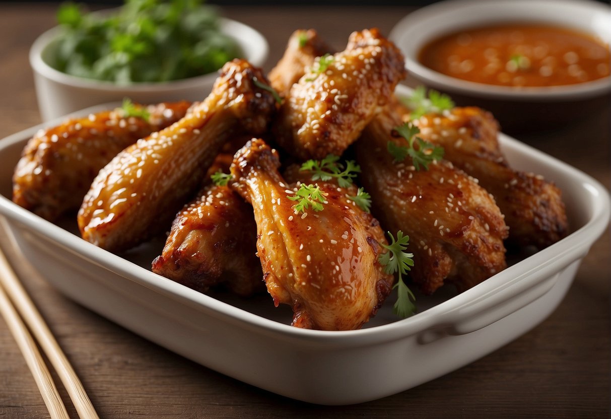 Baked chicken wings arranged on a serving platter with chopsticks and a bowl of dipping sauce. Airtight containers for storage