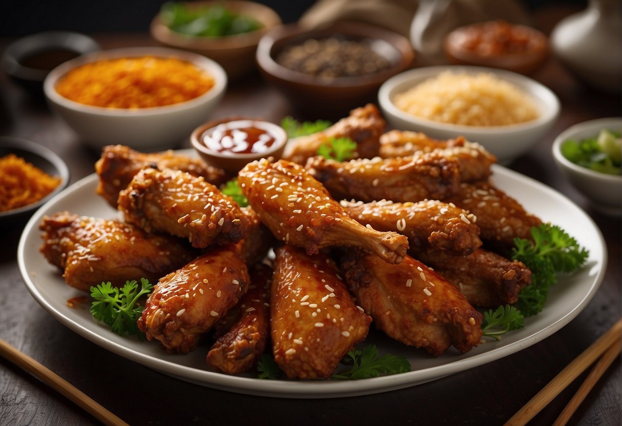Baked chicken wings arranged on a plate with chopsticks and a bowl of sauce, surrounded by traditional Chinese spices and ingredients